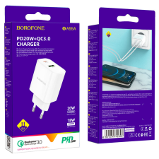 Блок питания сетевой 1 USB, Type-C Borofone, BA55A,PD20Вт+ QC3.0, цвет:белый